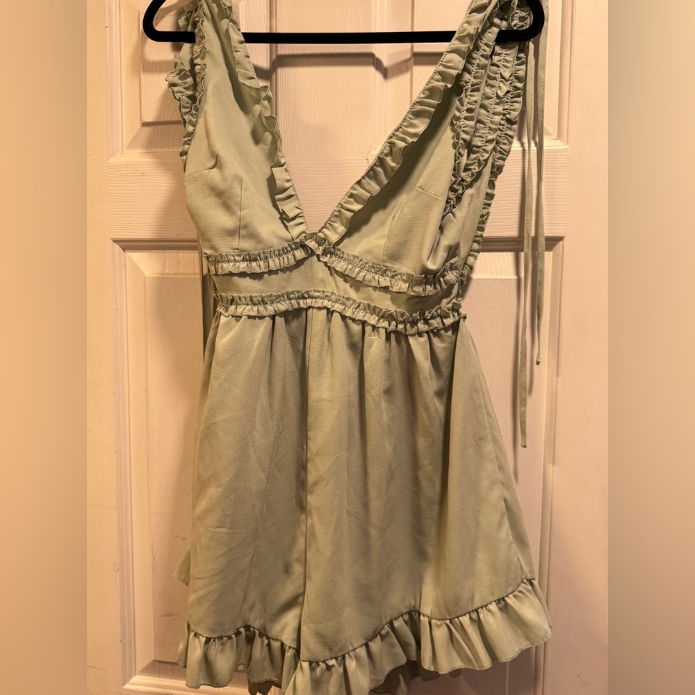 SHEIN Sage Green Ruffle Tie-Shoulder Romper